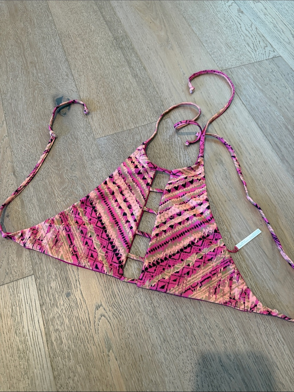 Pink Patterned Strappy Halter Bikini Top reversible
